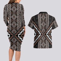 Classic Tukutuku Pattern Aotearoa Couples Matching Long Sleeve Bodycon Dress and Hawaiian Shirt Niho Taniwha and Puhoro Motifs LT7 - Polynesian Pride