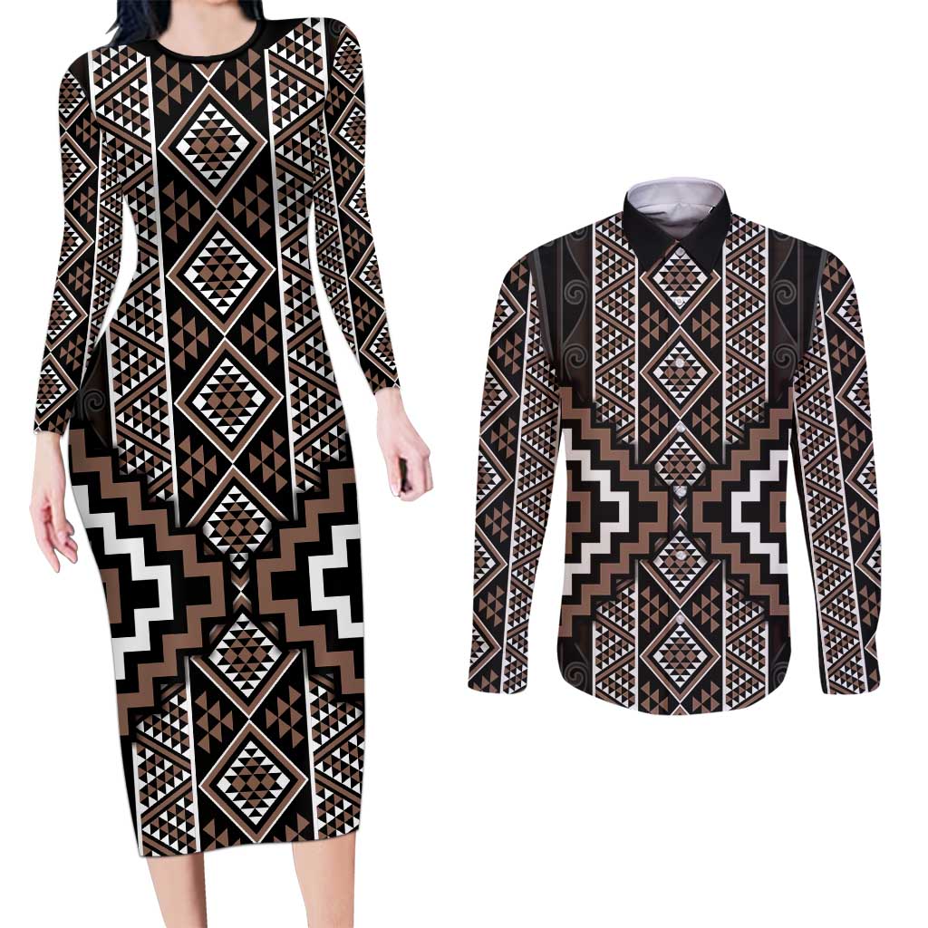 Classic Tukutuku Pattern Aotearoa Couples Matching Long Sleeve Bodycon Dress and Long Sleeve Button Shirt Niho Taniwha and Puhoro Motifs LT7 Brown - Polynesian Pride