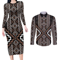 Classic Tukutuku Pattern Aotearoa Couples Matching Long Sleeve Bodycon Dress and Long Sleeve Button Shirt Niho Taniwha and Puhoro Motifs LT7 Brown - Polynesian Pride