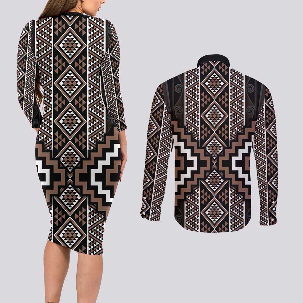 Classic Tukutuku Pattern Aotearoa Couples Matching Long Sleeve Bodycon Dress and Long Sleeve Button Shirt Niho Taniwha and Puhoro Motifs LT7 - Polynesian Pride