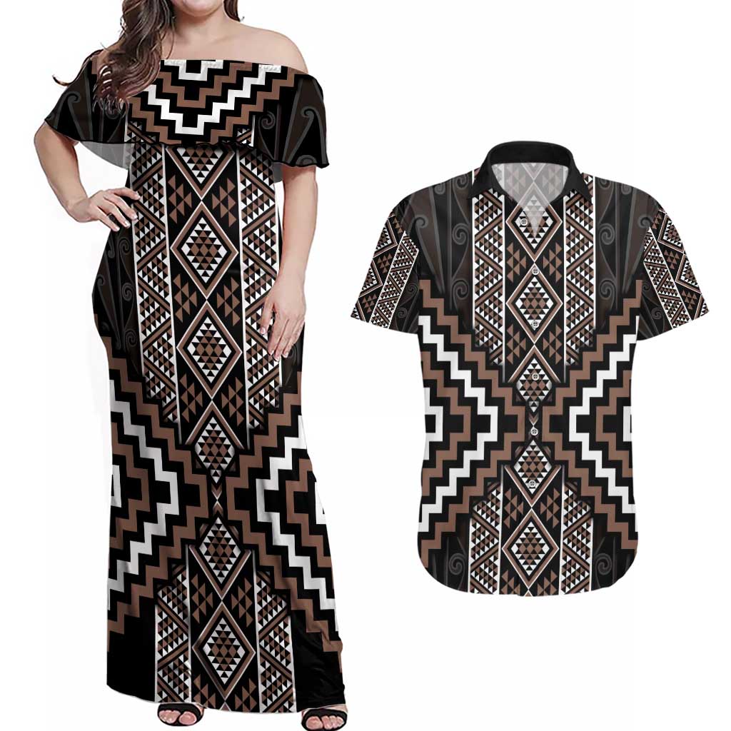 Classic Tukutuku Pattern Aotearoa Couples Matching Off Shoulder Maxi Dress and Hawaiian Shirt Niho Taniwha and Puhoro Motifs LT7 Brown - Polynesian Pride