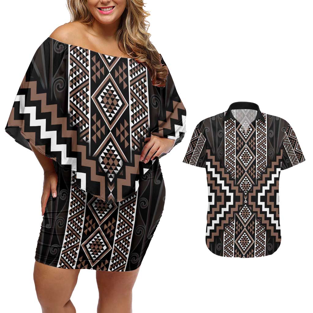 Classic Tukutuku Pattern Aotearoa Couples Matching Off Shoulder Short Dress and Hawaiian Shirt Niho Taniwha and Puhoro Motifs LT7 Brown - Polynesian Pride