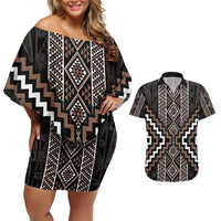 Classic Tukutuku Pattern Aotearoa Couples Matching Off Shoulder Short Dress and Hawaiian Shirt Niho Taniwha and Puhoro Motifs LT7 Brown - Polynesian Pride