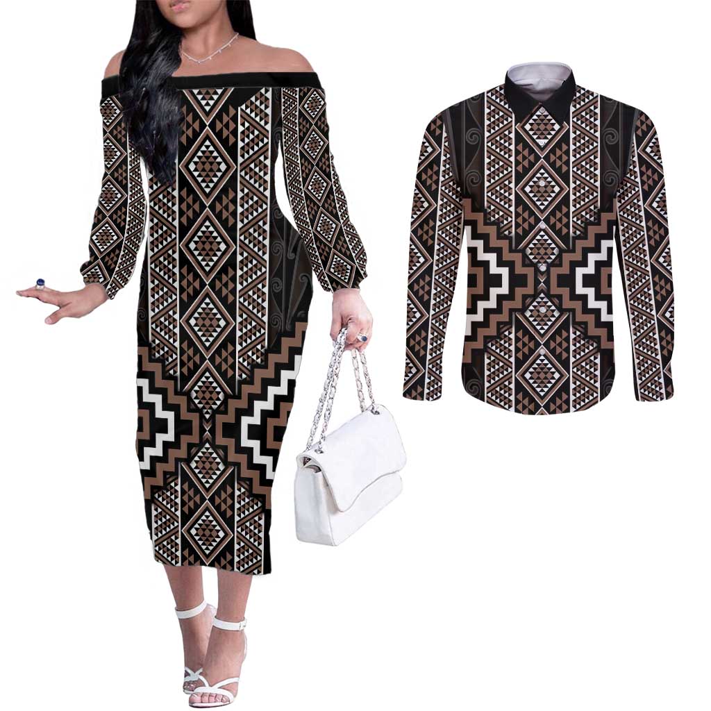 Classic Tukutuku Pattern Aotearoa Couples Matching Off The Shoulder Long Sleeve Dress and Long Sleeve Button Shirt Niho Taniwha and Puhoro Motifs LT7 Brown - Polynesian Pride