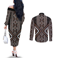 Classic Tukutuku Pattern Aotearoa Couples Matching Off The Shoulder Long Sleeve Dress and Long Sleeve Button Shirt Niho Taniwha and Puhoro Motifs LT7 - Polynesian Pride