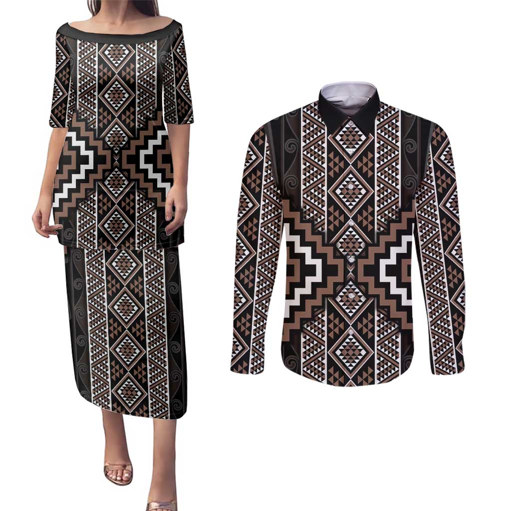 Classic Tukutuku Pattern Aotearoa Couples Matching Puletasi and Long Sleeve Button Shirt Niho Taniwha and Puhoro Motifs LT7 Brown - Polynesian Pride