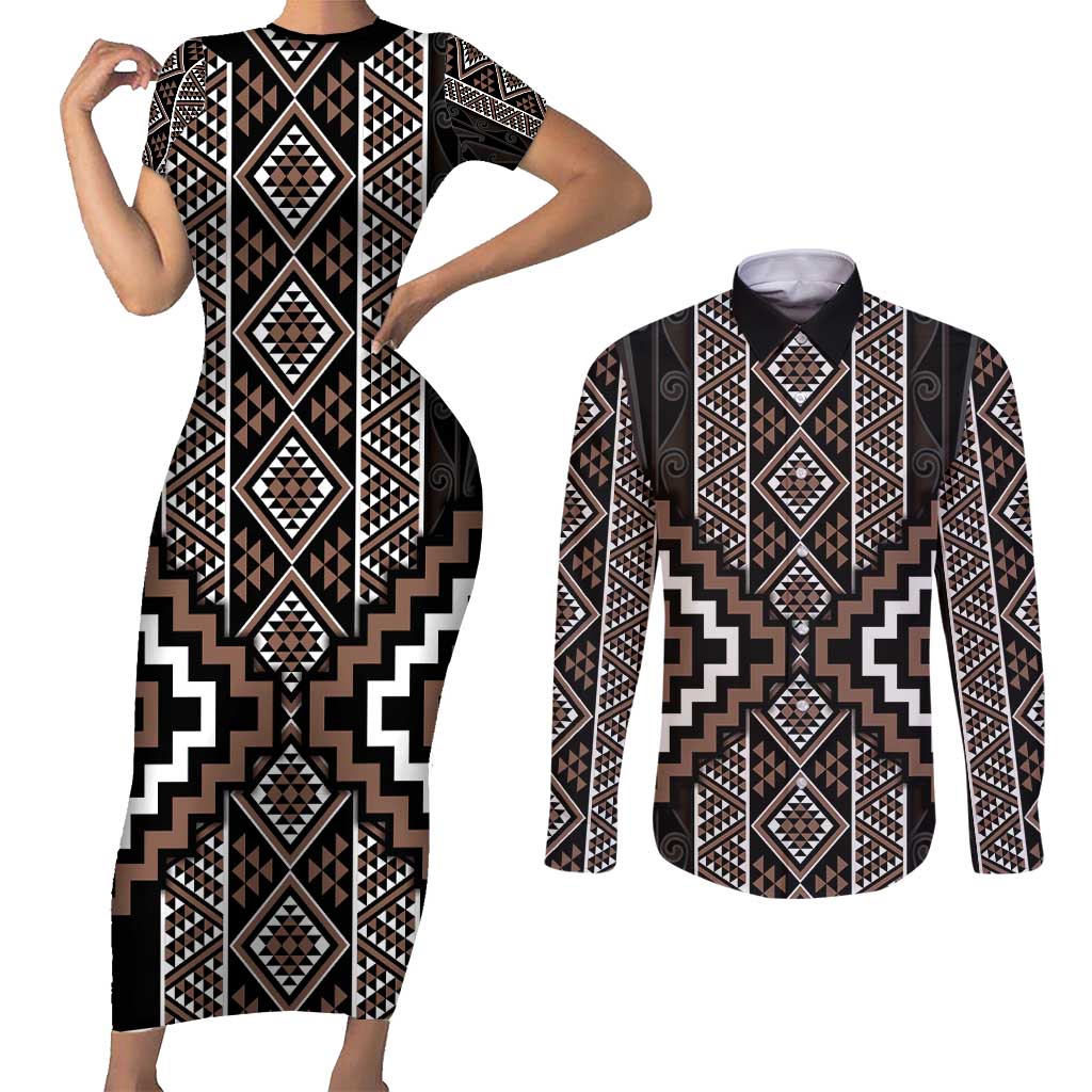 Classic Tukutuku Pattern Aotearoa Couples Matching Short Sleeve Bodycon Dress and Long Sleeve Button Shirt Niho Taniwha and Puhoro Motifs LT7 Brown - Polynesian Pride