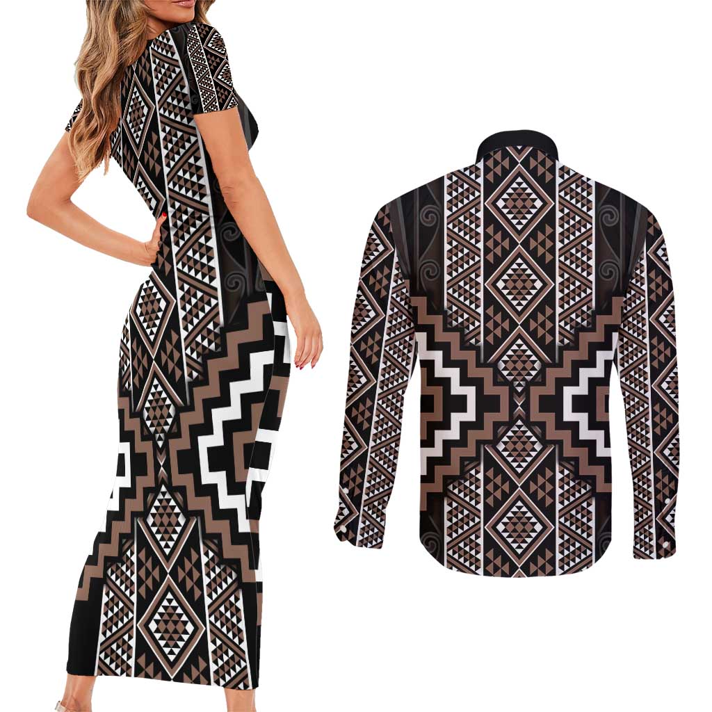 Classic Tukutuku Pattern Aotearoa Couples Matching Short Sleeve Bodycon Dress and Long Sleeve Button Shirt Niho Taniwha and Puhoro Motifs LT7 - Polynesian Pride