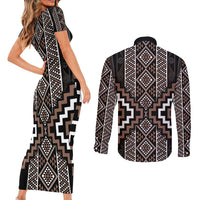 Classic Tukutuku Pattern Aotearoa Couples Matching Short Sleeve Bodycon Dress and Long Sleeve Button Shirt Niho Taniwha and Puhoro Motifs LT7 - Polynesian Pride