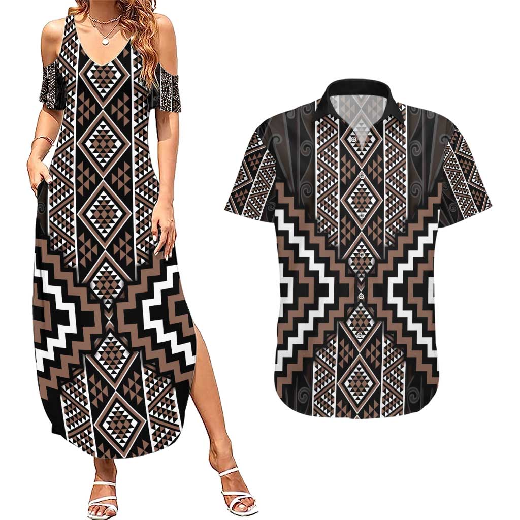 Classic Tukutuku Pattern Aotearoa Couples Matching Summer Maxi Dress and Hawaiian Shirt Niho Taniwha and Puhoro Motifs LT7 Brown - Polynesian Pride