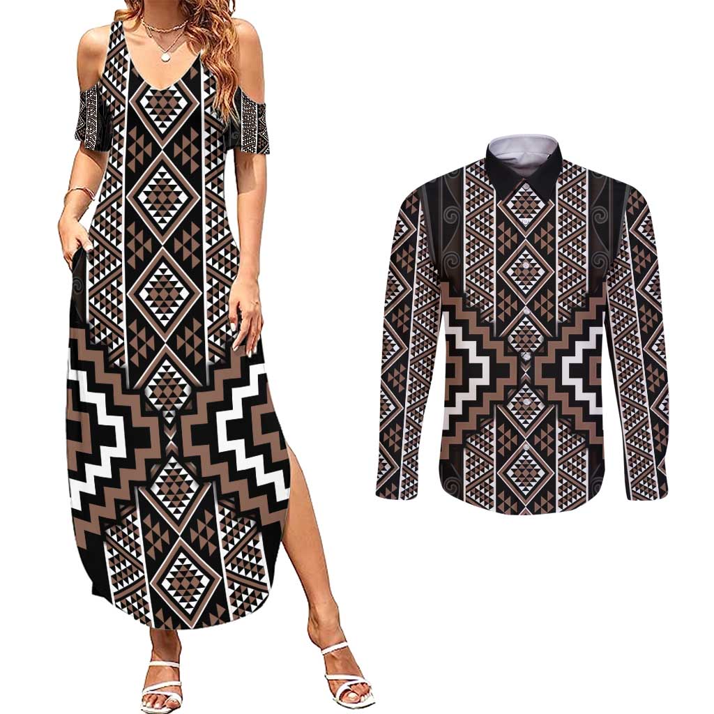 Classic Tukutuku Pattern Aotearoa Couples Matching Summer Maxi Dress and Long Sleeve Button Shirt Niho Taniwha and Puhoro Motifs LT7 Brown - Polynesian Pride