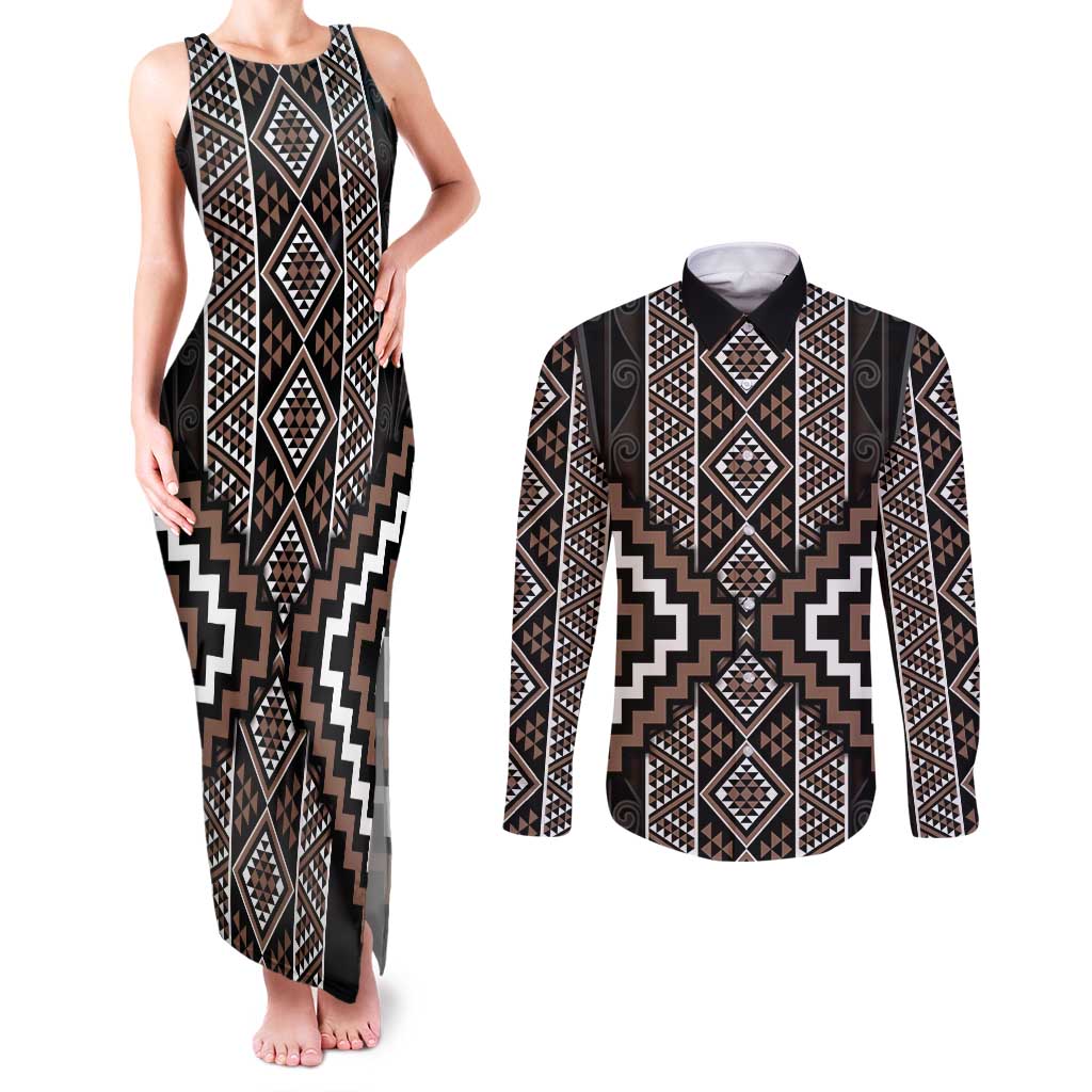 Classic Tukutuku Pattern Aotearoa Couples Matching Tank Maxi Dress and Long Sleeve Button Shirt Niho Taniwha and Puhoro Motifs LT7 Brown - Polynesian Pride