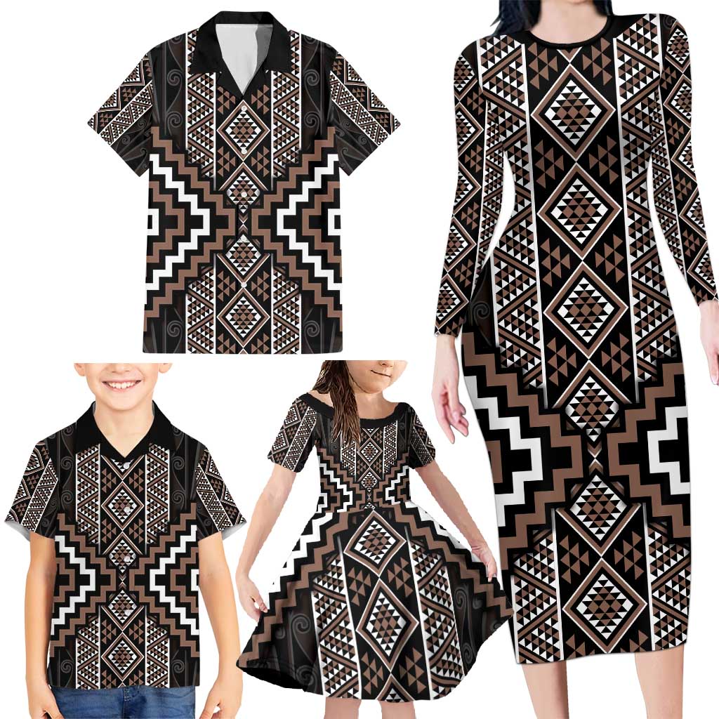 Classic Tukutuku Pattern Aotearoa Family Matching Long Sleeve Bodycon Dress and Hawaiian Shirt Niho Taniwha and Puhoro Motifs LT7 - Polynesian Pride