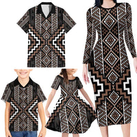 Classic Tukutuku Pattern Aotearoa Family Matching Long Sleeve Bodycon Dress and Hawaiian Shirt Niho Taniwha and Puhoro Motifs LT7 - Polynesian Pride