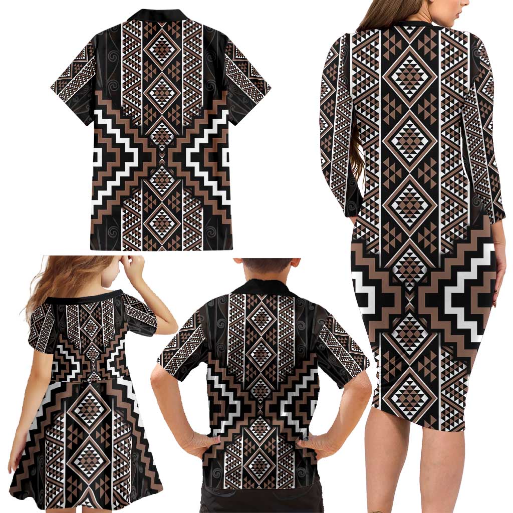 Classic Tukutuku Pattern Aotearoa Family Matching Long Sleeve Bodycon Dress and Hawaiian Shirt Niho Taniwha and Puhoro Motifs LT7 - Polynesian Pride