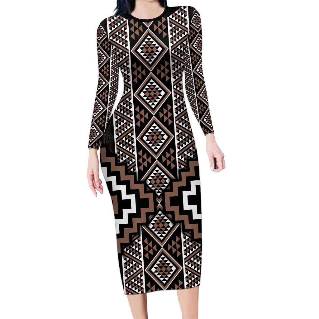 Classic Tukutuku Pattern Aotearoa Family Matching Long Sleeve Bodycon Dress and Hawaiian Shirt Niho Taniwha and Puhoro Motifs LT7 Mom's Dress Brown - Polynesian Pride