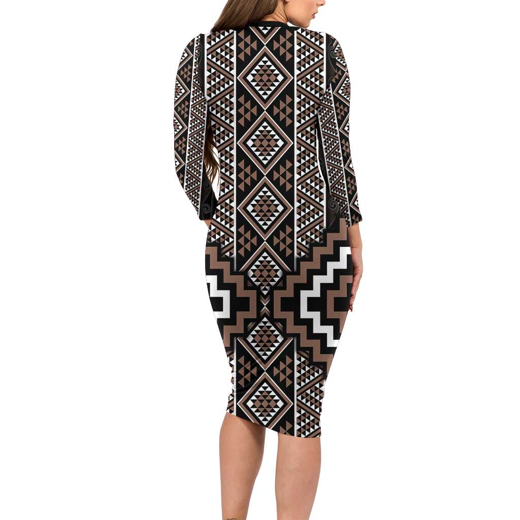 Classic Tukutuku Pattern Aotearoa Family Matching Long Sleeve Bodycon Dress and Hawaiian Shirt Niho Taniwha and Puhoro Motifs LT7 - Polynesian Pride