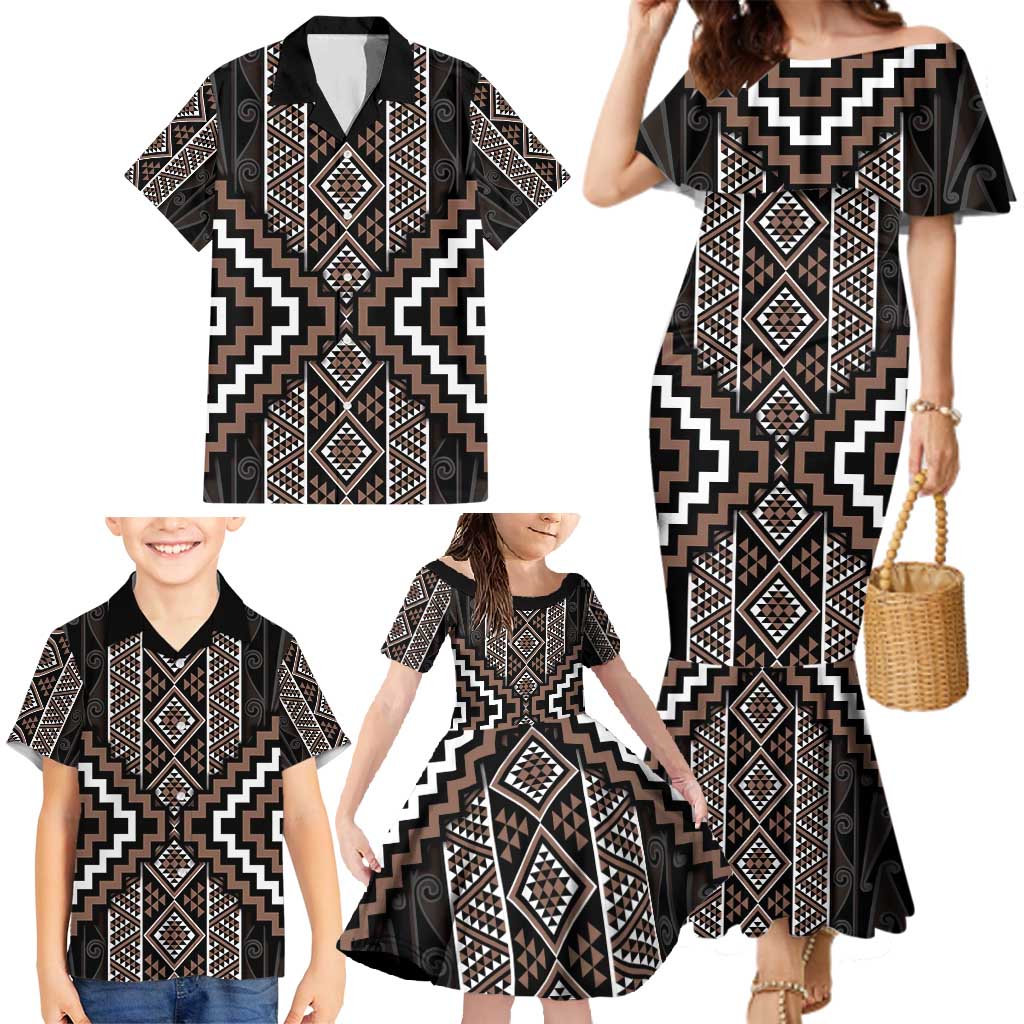 Classic Tukutuku Pattern Aotearoa Family Matching Mermaid Dress and Hawaiian Shirt Niho Taniwha and Puhoro Motifs LT7 - Polynesian Pride