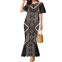 Classic Tukutuku Pattern Aotearoa Family Matching Mermaid Dress and Hawaiian Shirt Niho Taniwha and Puhoro Motifs LT7 Mom's Dress Brown - Polynesian Pride