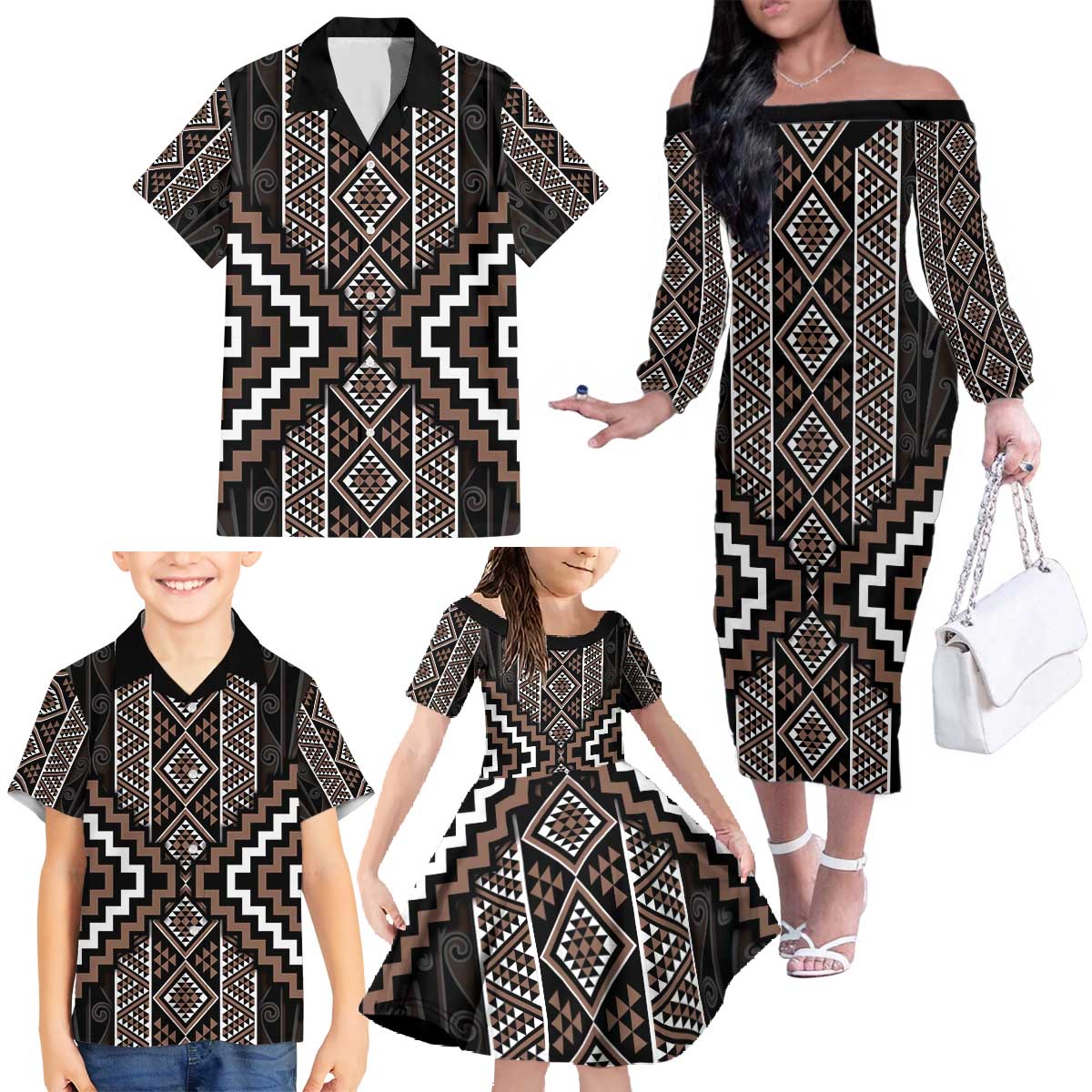 Classic Tukutuku Pattern Aotearoa Family Matching Off The Shoulder Long Sleeve Dress and Hawaiian Shirt Niho Taniwha and Puhoro Motifs LT7 - Polynesian Pride