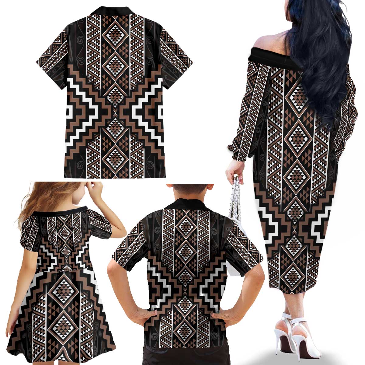 Classic Tukutuku Pattern Aotearoa Family Matching Off The Shoulder Long Sleeve Dress and Hawaiian Shirt Niho Taniwha and Puhoro Motifs LT7 - Polynesian Pride