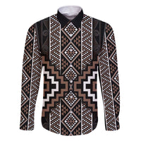 Classic Tukutuku Pattern Aotearoa Family Matching Off The Shoulder Long Sleeve Dress and Hawaiian Shirt Niho Taniwha and Puhoro Motifs LT7 Dad's Shirt - Long Sleeve Brown - Polynesian Pride