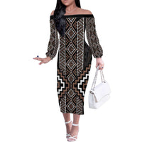 Classic Tukutuku Pattern Aotearoa Family Matching Off The Shoulder Long Sleeve Dress and Hawaiian Shirt Niho Taniwha and Puhoro Motifs LT7 Mom's Dress Brown - Polynesian Pride