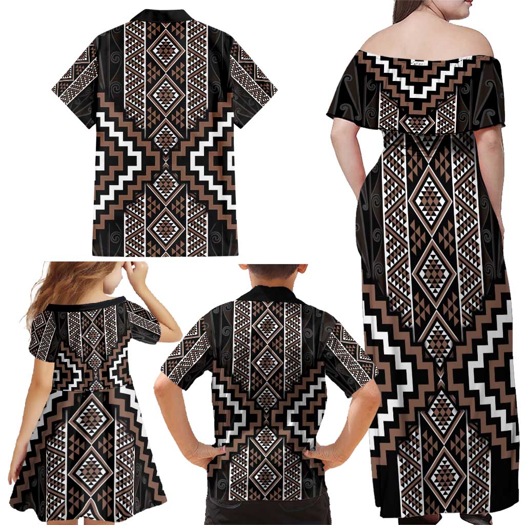 Classic Tukutuku Pattern Aotearoa Family Matching Off Shoulder Maxi Dress and Hawaiian Shirt Niho Taniwha and Puhoro Motifs LT7 - Polynesian Pride