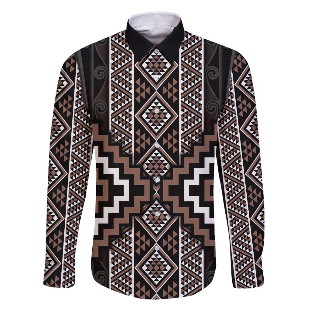 Classic Tukutuku Pattern Aotearoa Family Matching Off Shoulder Maxi Dress and Hawaiian Shirt Niho Taniwha and Puhoro Motifs LT7 Dad's Shirt - Long Sleeve Brown - Polynesian Pride