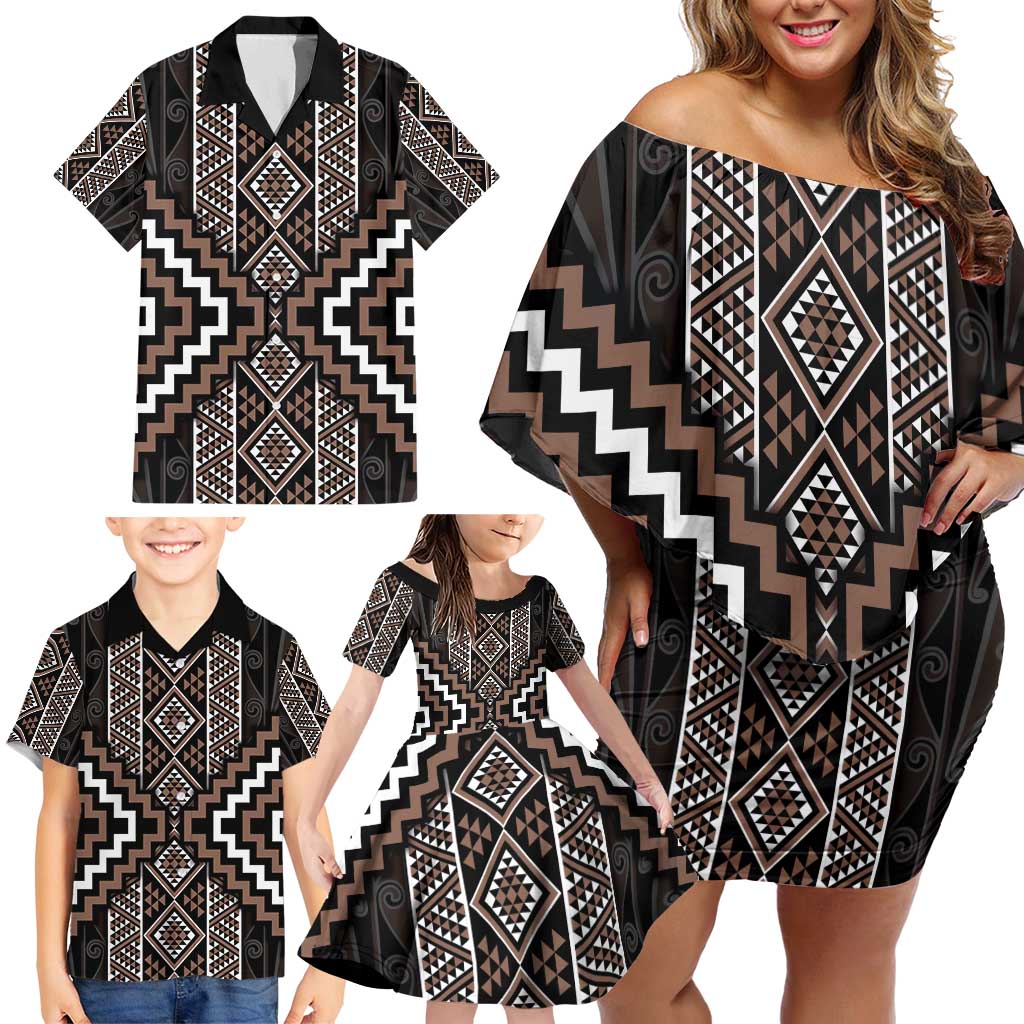 Classic Tukutuku Pattern Aotearoa Family Matching Off Shoulder Short Dress and Hawaiian Shirt Niho Taniwha and Puhoro Motifs LT7 - Polynesian Pride