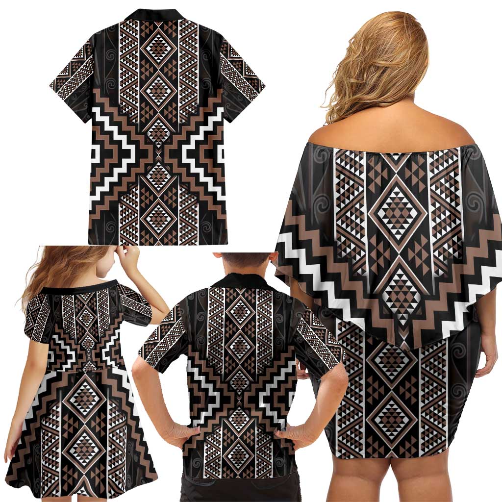 Classic Tukutuku Pattern Aotearoa Family Matching Off Shoulder Short Dress and Hawaiian Shirt Niho Taniwha and Puhoro Motifs LT7 - Polynesian Pride