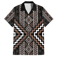 Classic Tukutuku Pattern Aotearoa Family Matching Off Shoulder Short Dress and Hawaiian Shirt Niho Taniwha and Puhoro Motifs LT7 Dad's Shirt - Short Sleeve Brown - Polynesian Pride