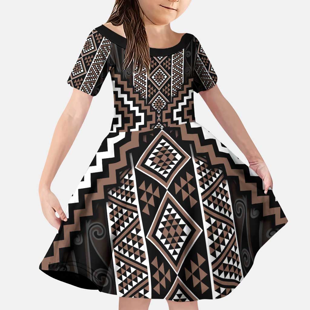 Classic Tukutuku Pattern Aotearoa Family Matching Puletasi and Hawaiian Shirt Niho Taniwha and Puhoro Motifs LT7 Daughter's Dress Brown - Polynesian Pride