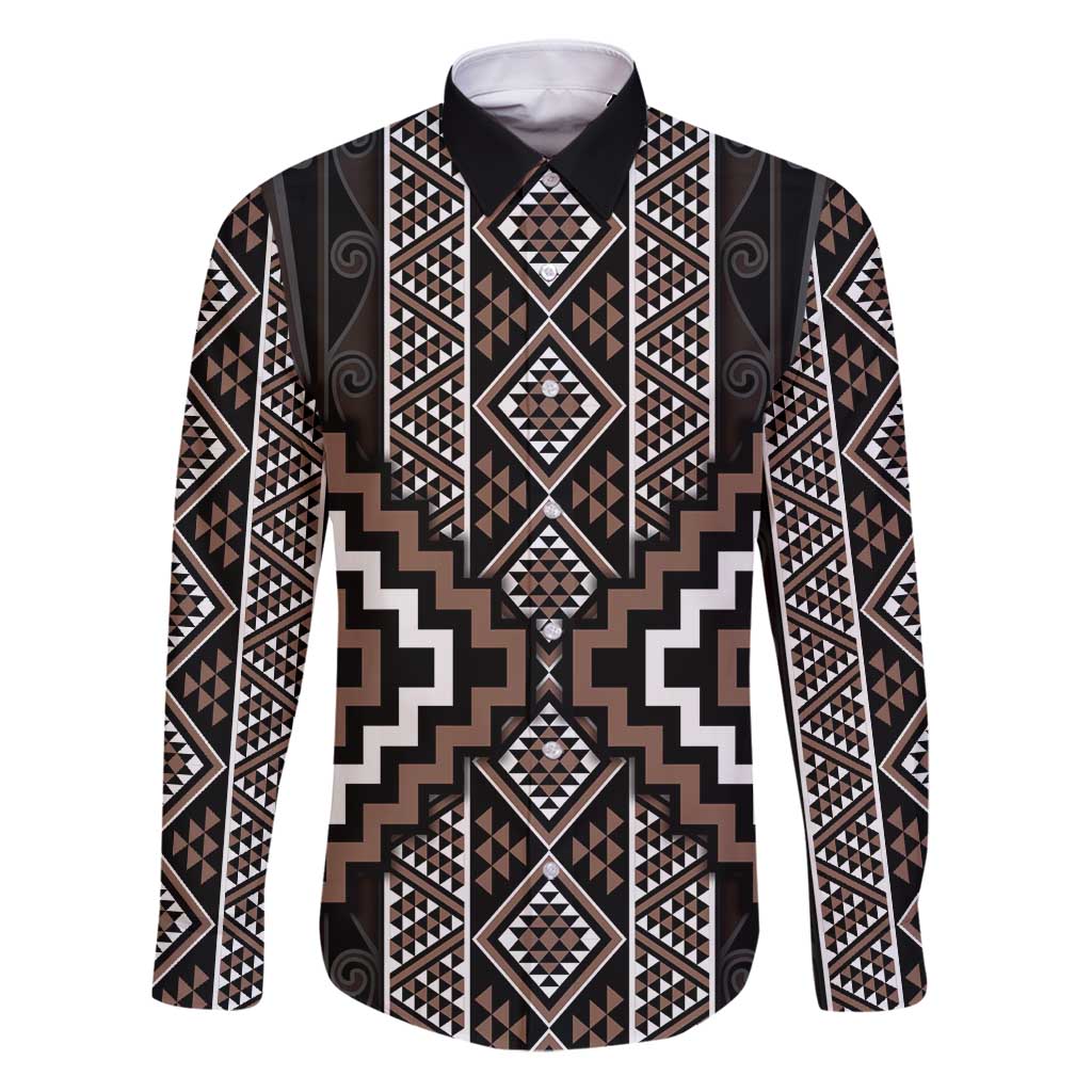 Classic Tukutuku Pattern Aotearoa Family Matching Puletasi and Hawaiian Shirt Niho Taniwha and Puhoro Motifs LT7 Dad's Shirt - Long Sleeve Brown - Polynesian Pride