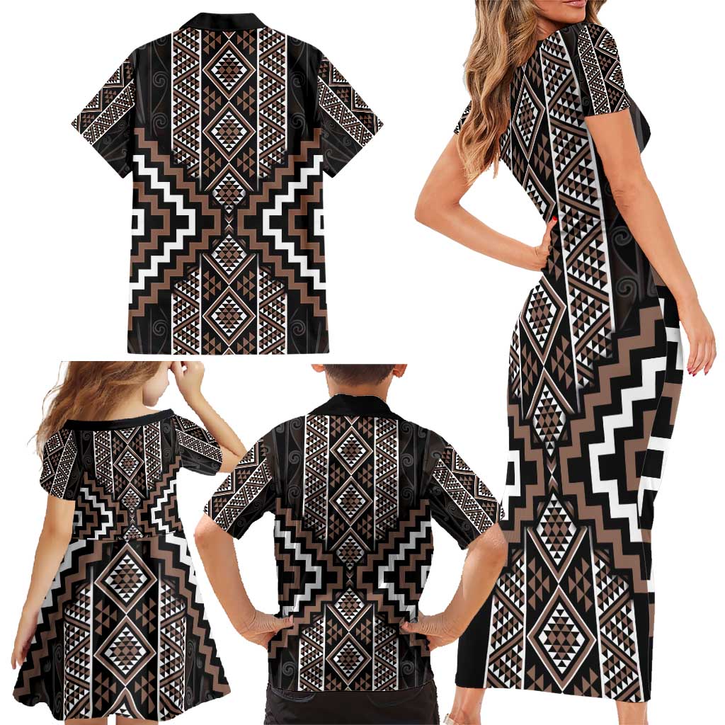Classic Tukutuku Pattern Aotearoa Family Matching Short Sleeve Bodycon Dress and Hawaiian Shirt Niho Taniwha and Puhoro Motifs LT7 - Polynesian Pride