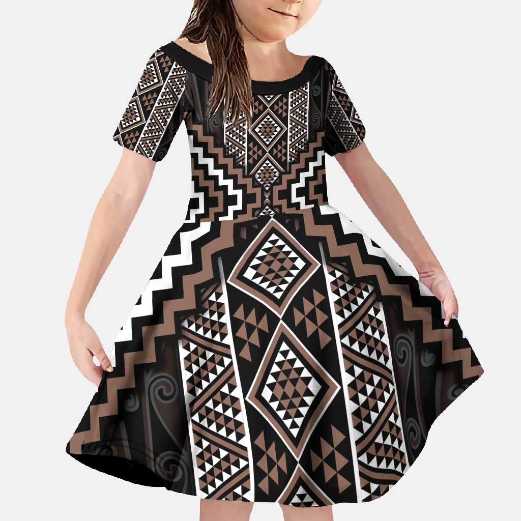 Classic Tukutuku Pattern Aotearoa Family Matching Summer Maxi Dress and Hawaiian Shirt Niho Taniwha and Puhoro Motifs LT7 Daughter's Dress Brown - Polynesian Pride