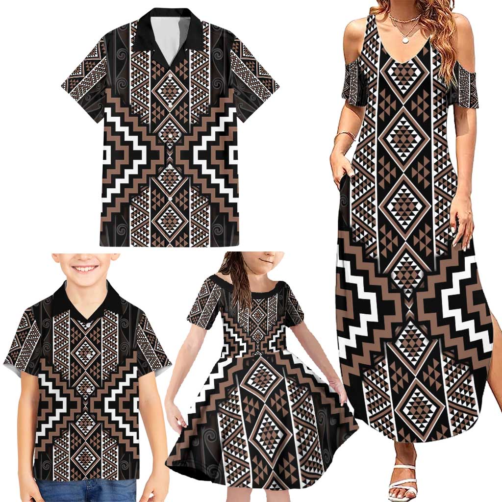 Classic Tukutuku Pattern Aotearoa Family Matching Summer Maxi Dress and Hawaiian Shirt Niho Taniwha and Puhoro Motifs LT7 - Polynesian Pride