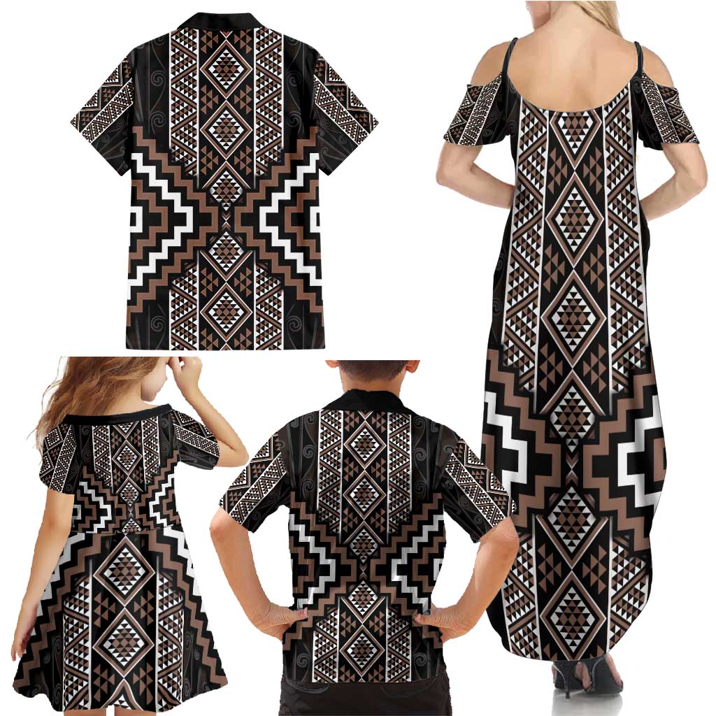 Classic Tukutuku Pattern Aotearoa Family Matching Summer Maxi Dress and Hawaiian Shirt Niho Taniwha and Puhoro Motifs LT7 - Polynesian Pride