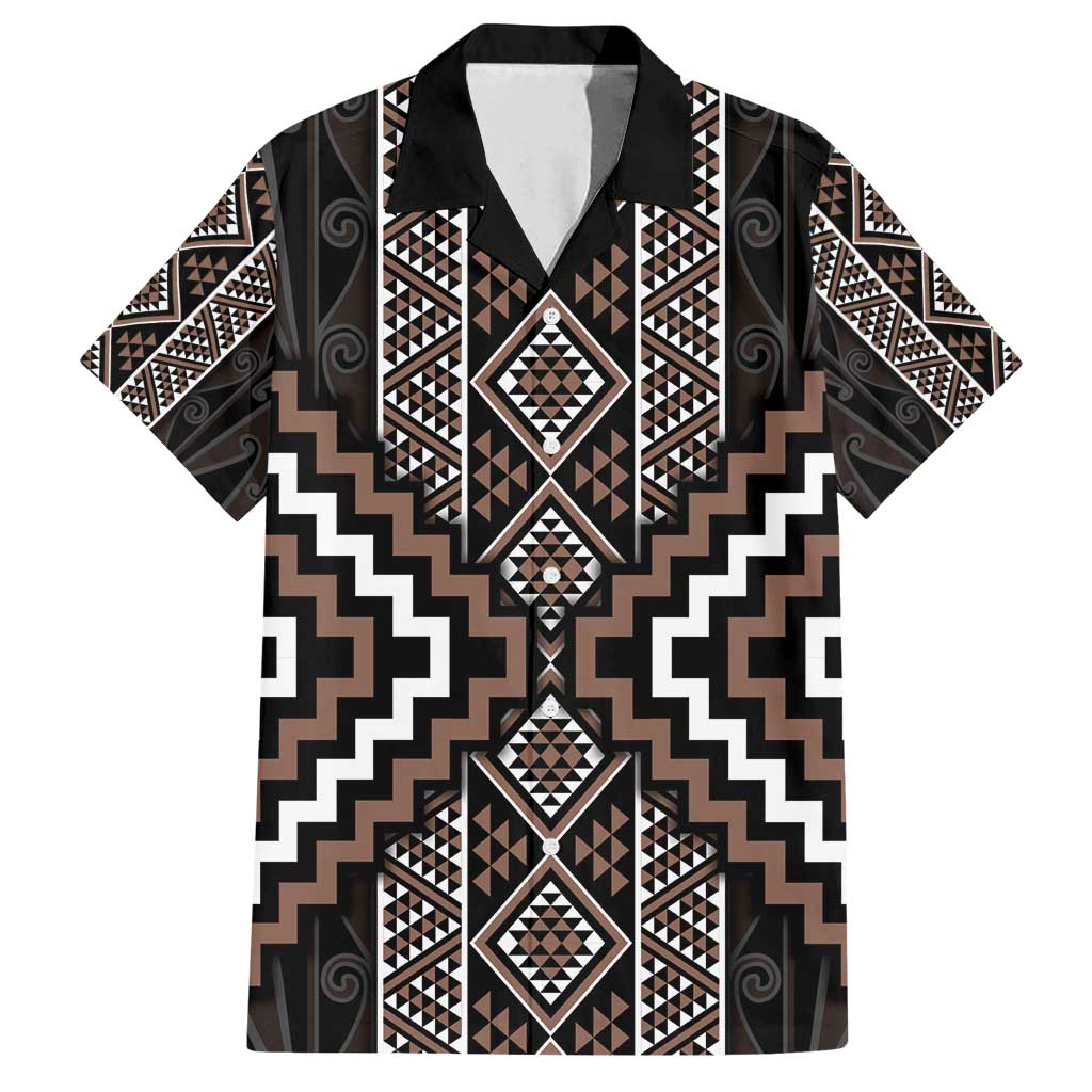 Classic Tukutuku Pattern Aotearoa Family Matching Summer Maxi Dress and Hawaiian Shirt Niho Taniwha and Puhoro Motifs LT7 Dad's Shirt - Short Sleeve Brown - Polynesian Pride