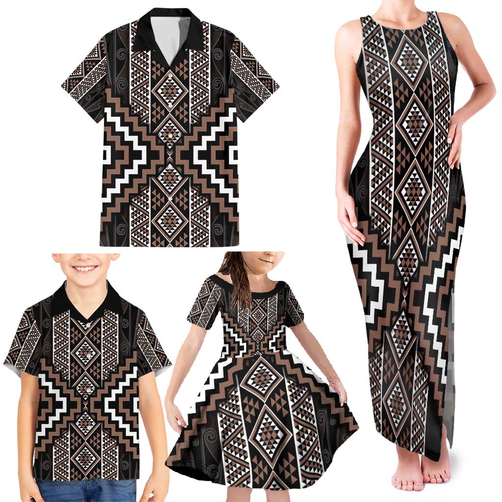 Classic Tukutuku Pattern Aotearoa Family Matching Tank Maxi Dress and Hawaiian Shirt Niho Taniwha and Puhoro Motifs LT7 - Polynesian Pride