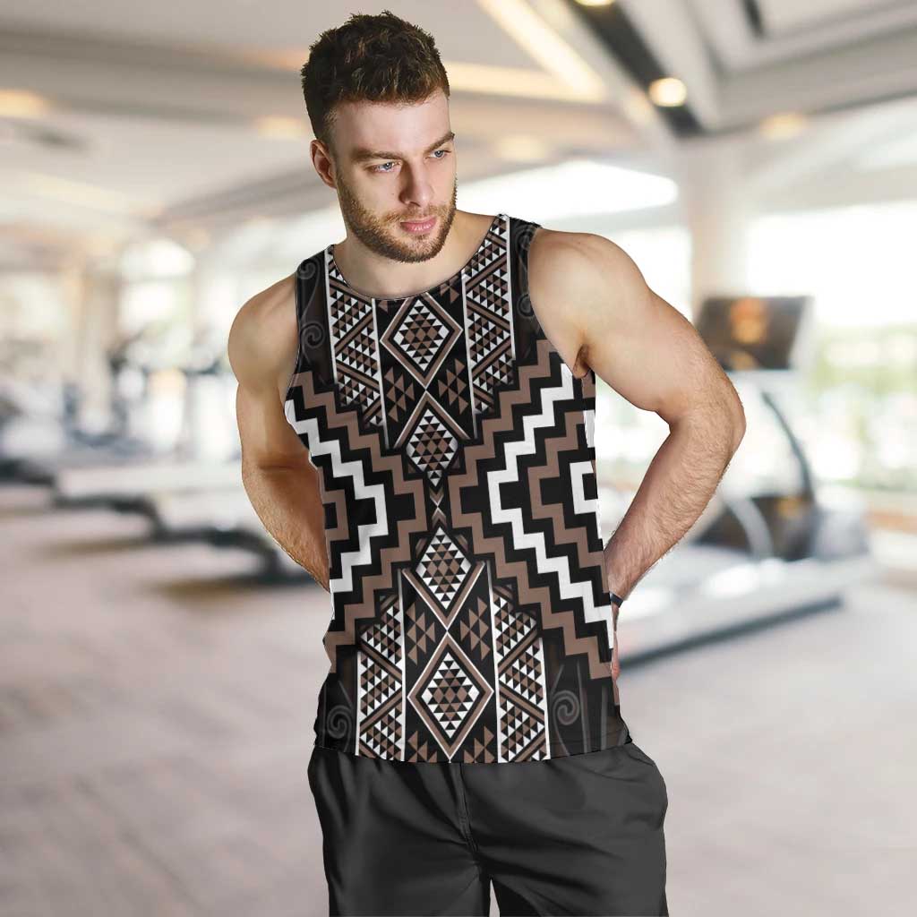 Classic Tukutuku Pattern Aotearoa Men Tank Top Niho Taniwha and Puhoro Motifs LT7 Brown - Polynesian Pride