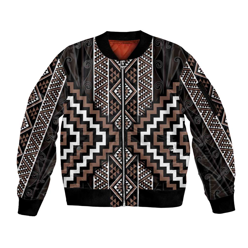 Classic Tukutuku Pattern Aotearoa Sleeve Zip Bomber Jacket Niho Taniwha and Puhoro Motifs LT7 Unisex Brown - Polynesian Pride