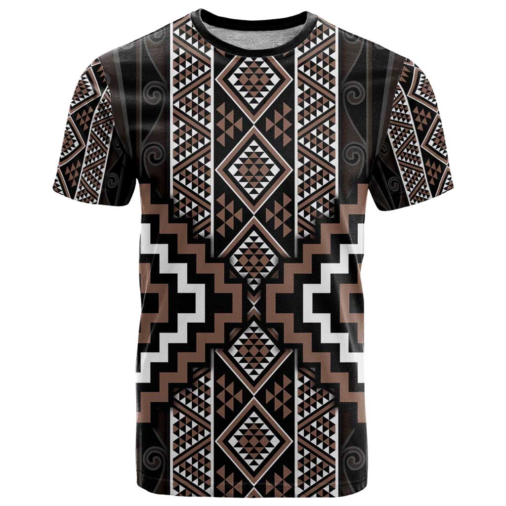 Classic Tukutuku Pattern Aotearoa T Shirt Niho Taniwha and Puhoro Motifs LT7 Brown - Polynesian Pride