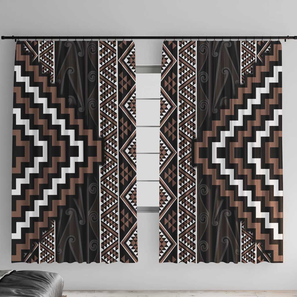 Classic Tukutuku Pattern Aotearoa Window Curtain Niho Taniwha and Puhoro Motifs LT7 With Hooks Brown - Polynesian Pride