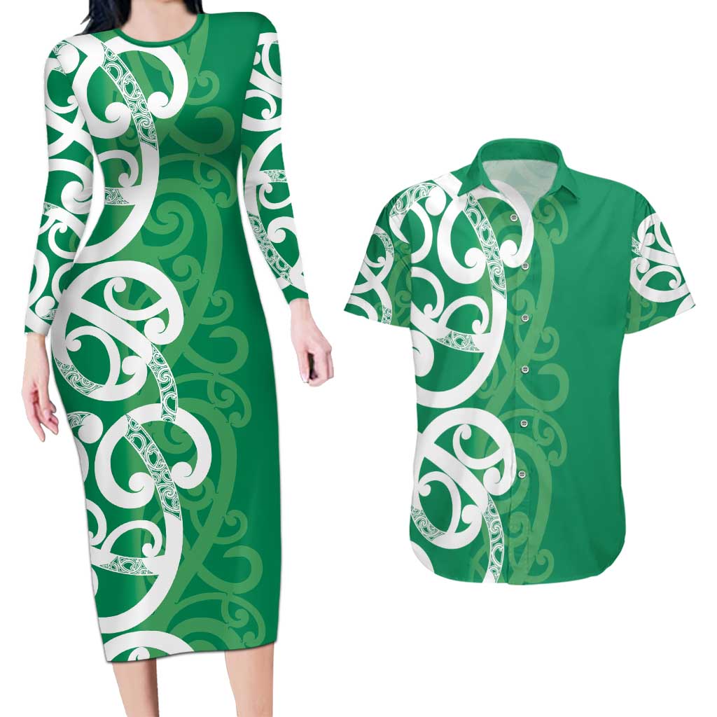Pounamu Green Maori Couples Matching Long Sleeve Bodycon Dress and Hawaiian Shirt Koru Kowhaiwhai - Polynesian Pride