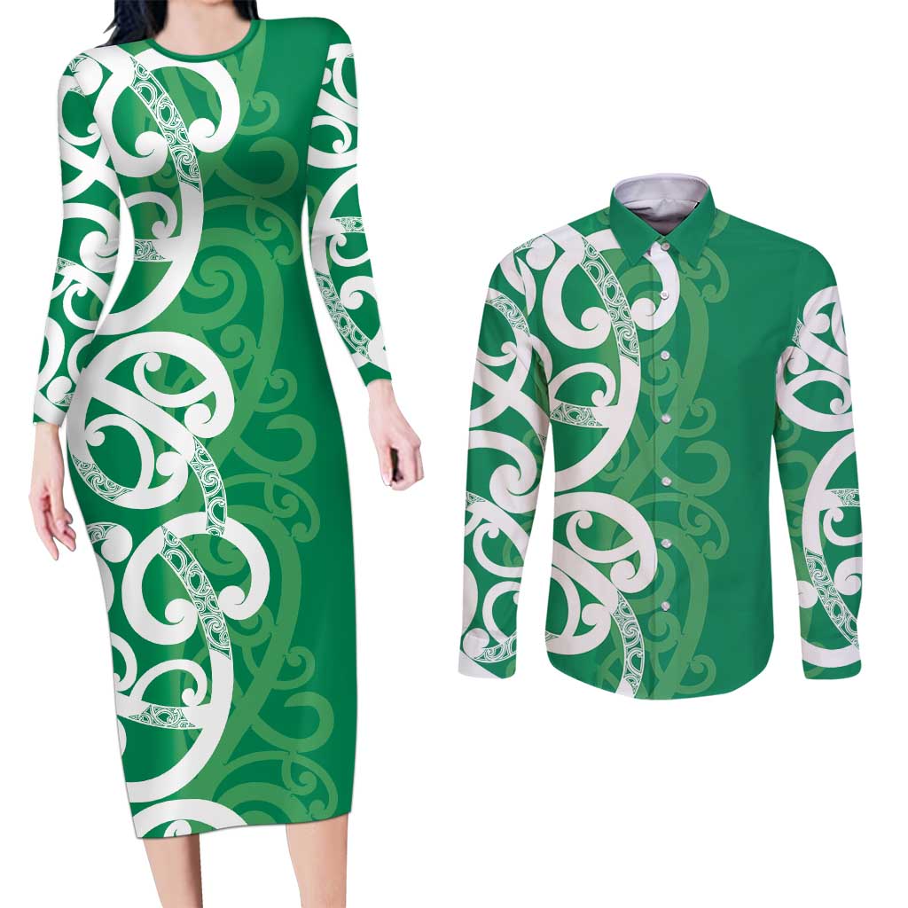 Pounamu Green Maori Couples Matching Long Sleeve Bodycon Dress and Long Sleeve Button Shirt Koru Kowhaiwhai LT7 Green - Polynesian Pride