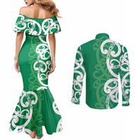 Pounamu Green Maori Couples Matching Mermaid Dress and Long Sleeve Button Shirt Koru Kowhaiwhai LT7 - Polynesian Pride