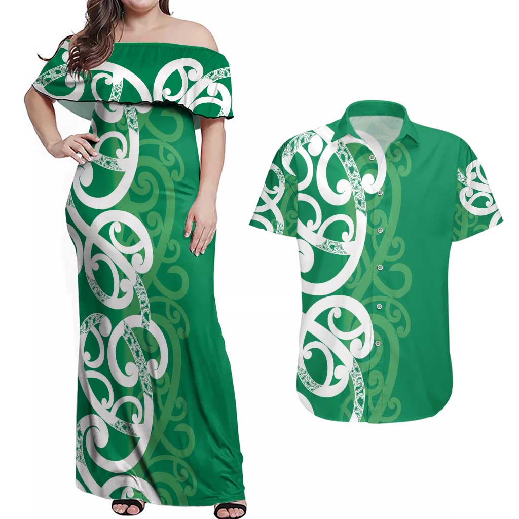 Pounamu Green Maori Couples Matching Off Shoulder Maxi Dress and Hawaiian Shirt Koru Kowhaiwhai LT7 Green - Polynesian Pride