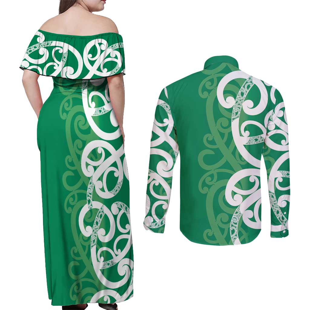 Pounamu Green Maori Couples Matching Off Shoulder Maxi Dress and Long Sleeve Button Shirt Koru Kowhaiwhai LT7 - Polynesian Pride