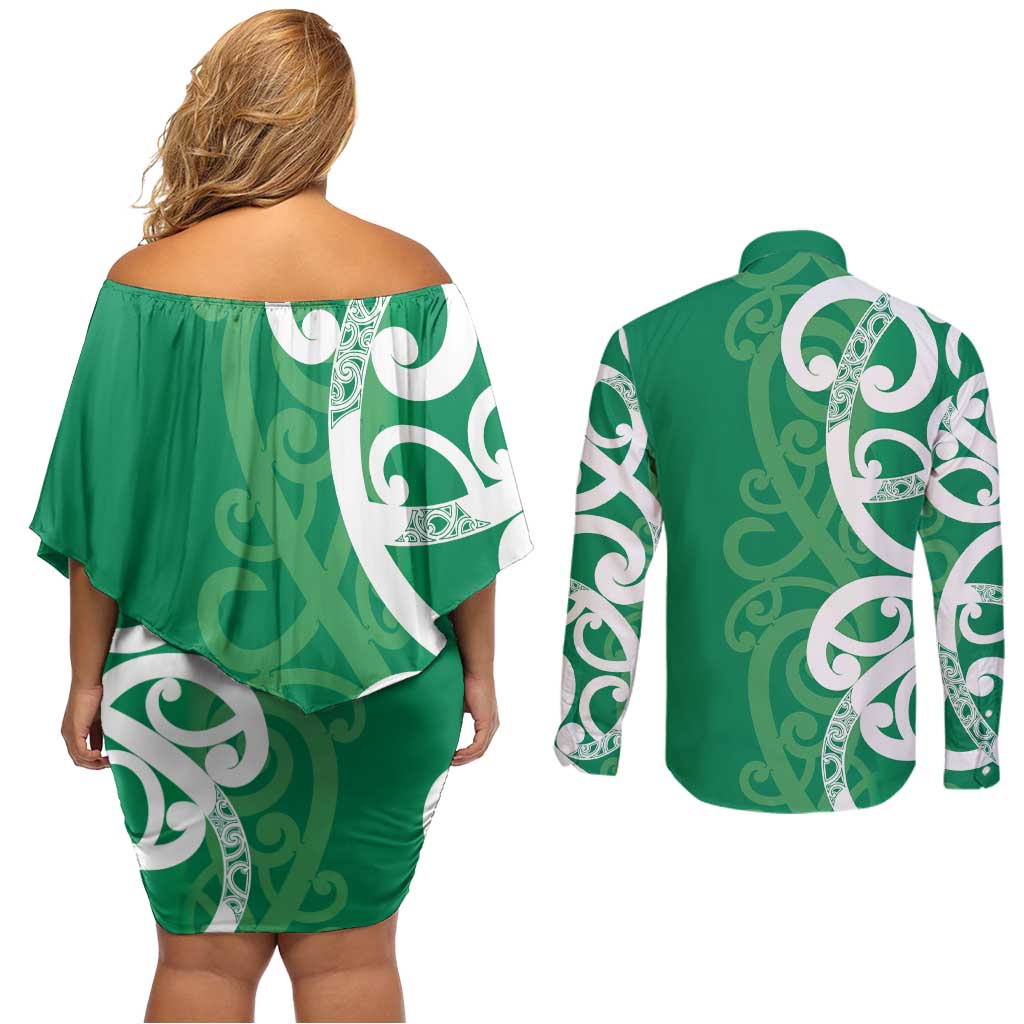 Pounamu Green Maori Couples Matching Off Shoulder Short Dress and Long Sleeve Button Shirt Koru Kowhaiwhai LT7 - Polynesian Pride